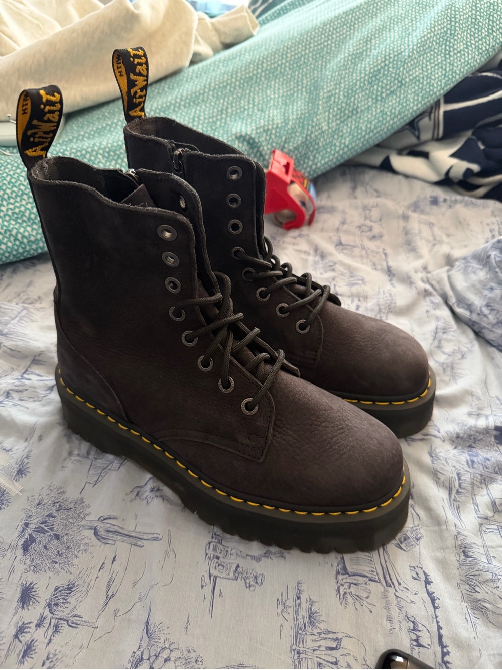 Dr. Martens Women's/Unisex Black Combat Boots with Yellow Stitching